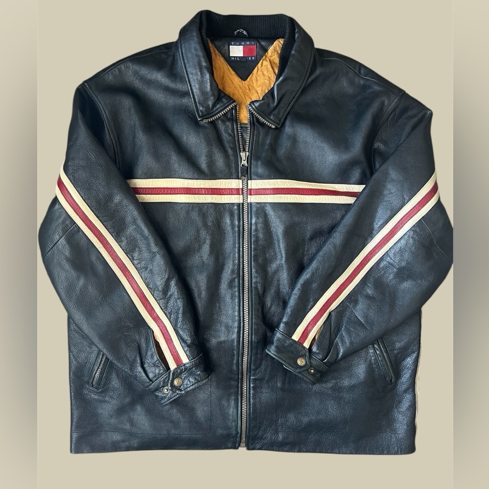 Vtg Tommy Hilfiger 90s Leather Motorcycle Jacket Mens XL Racer Stripe